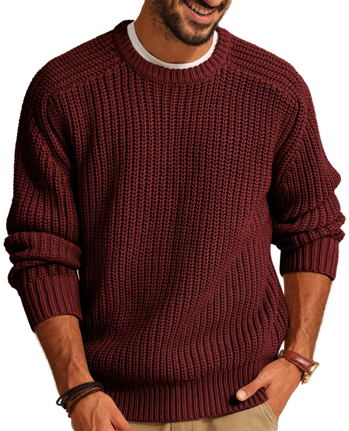PJ PAUL JONES Men Crew Neck Textured Fisherman Sweater