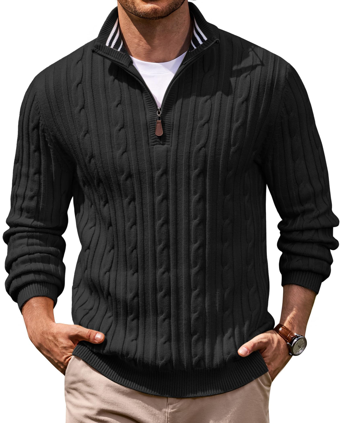 COOFANDY Men's Quarter Zip Pullover Cable Knit Mock Neck Dress Sweater