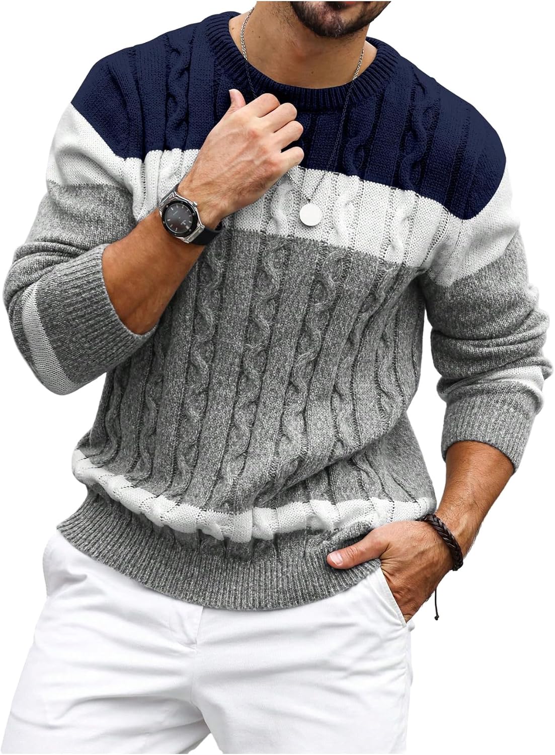 BEAUDRM Men's Color Block Sweater Crew Neck Long Sleeve Cable Knit Pullover Tops Casual Knitwear