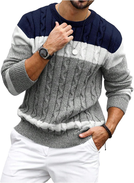 BEAUDRM Men's Color Block Sweater Crew Neck Long Sleeve Cable Knit Pullover Tops Casual Knitwear