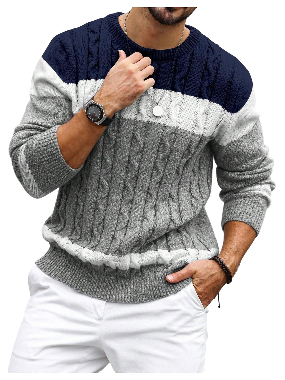 BEAUDRM Men's Color Block Sweater Crew Neck Long Sleeve Cable Knit Pullover Tops Casual Knitwear