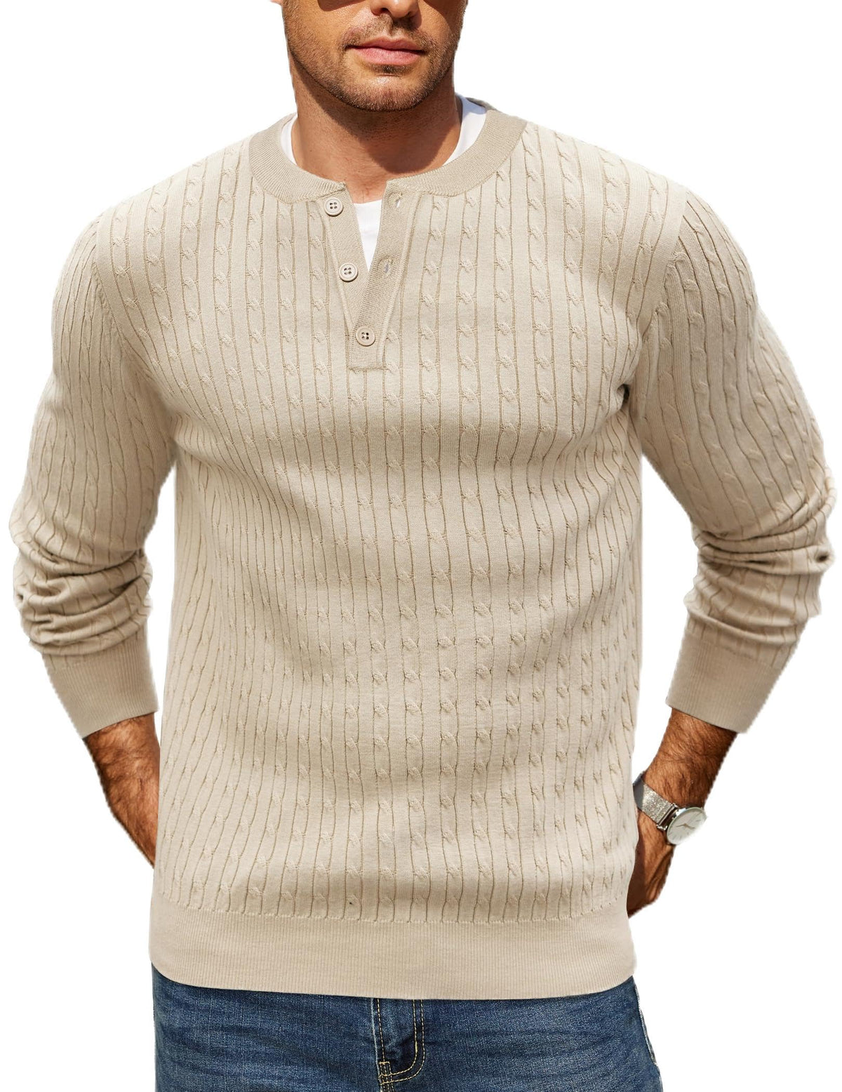 COOFANDY Mens Henley Sweater Casual Long Sleeve Cable Knit Fall Pullover