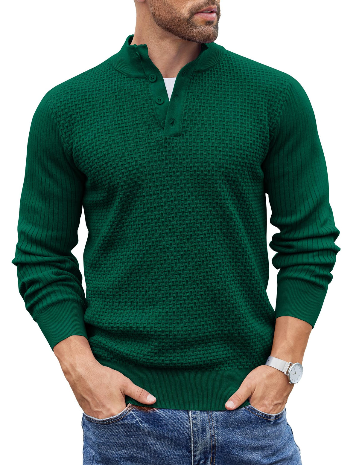 COOFANDY Mens Sweater Long Sleeve Henley Quarter Button Dress Sweaterss