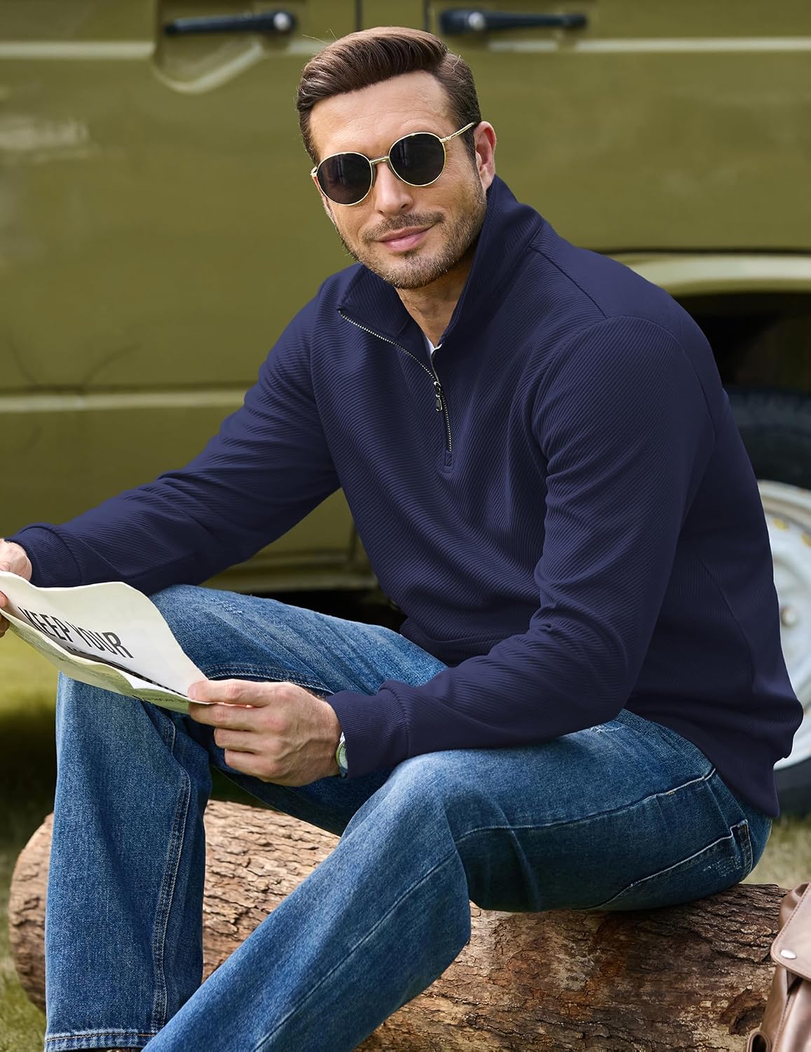 COOFANDY Mens Quarter Zip Pullover Modern Quilted Mock Neck Sweatshirt