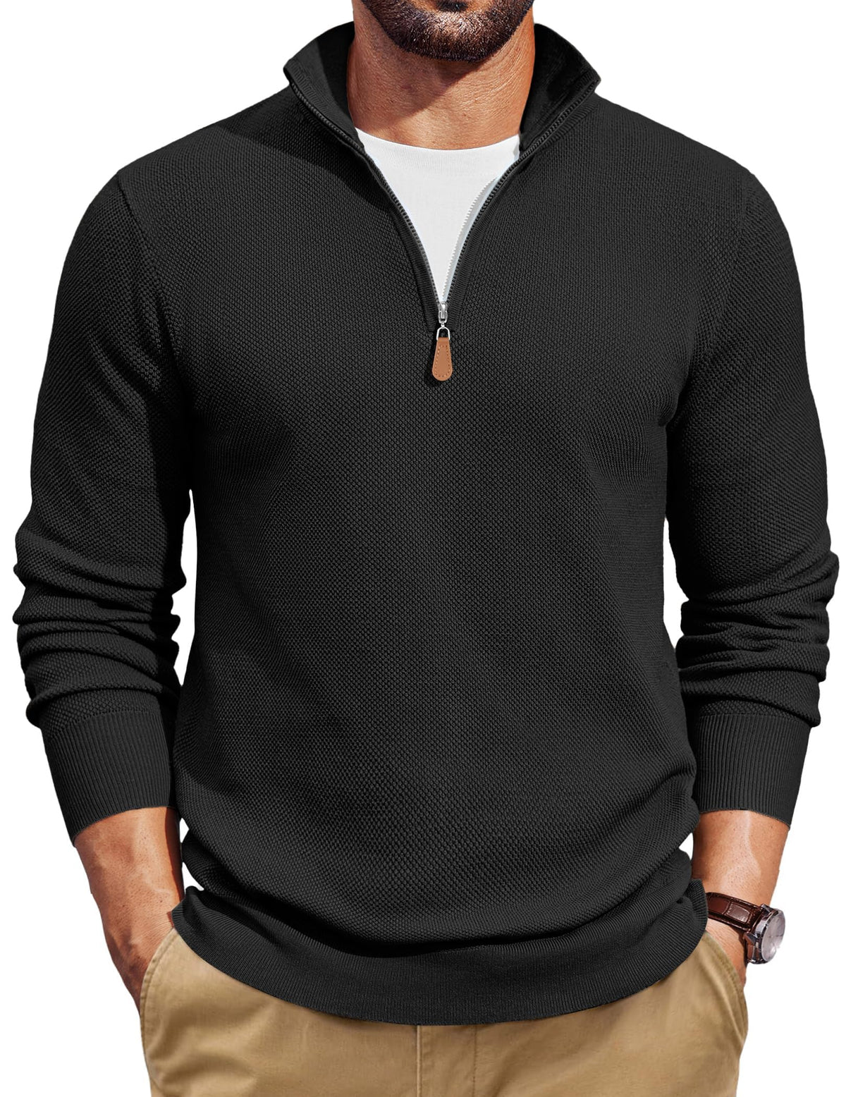 COOFANDY Men's Quarter Zip Pullover Dress Regular Fit Mock Neck Sweater