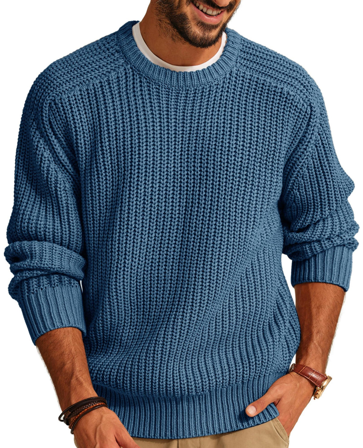 PJ PAUL JONES Men Crew Neck Textured Fisherman Sweater