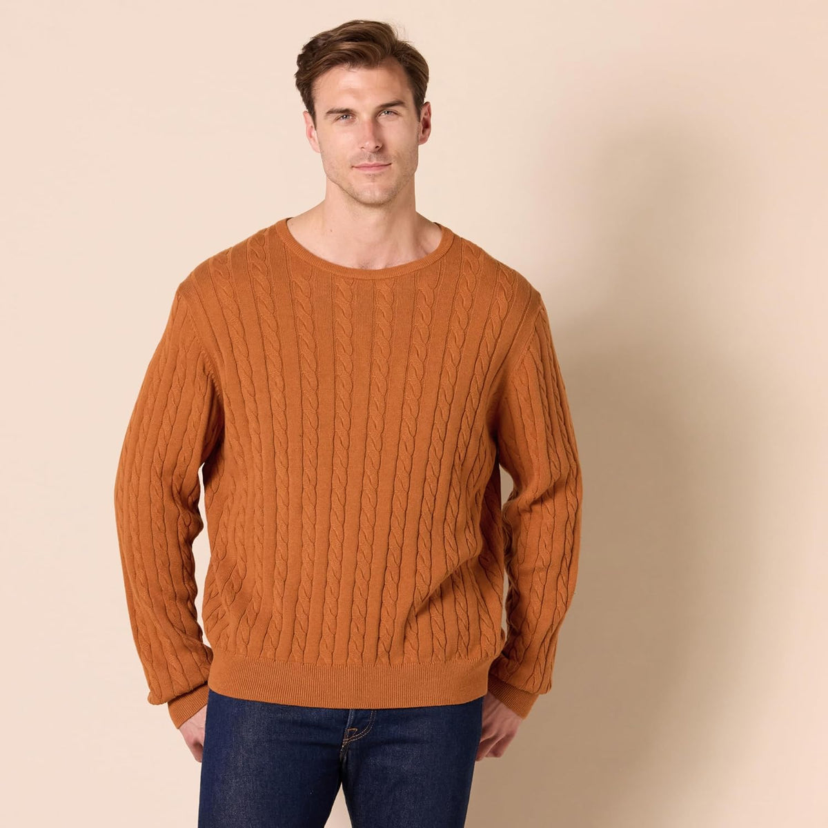 Amazon Essentials Men's Cable Knit Cotton Pullover Crewneck Sweater, Ribbed