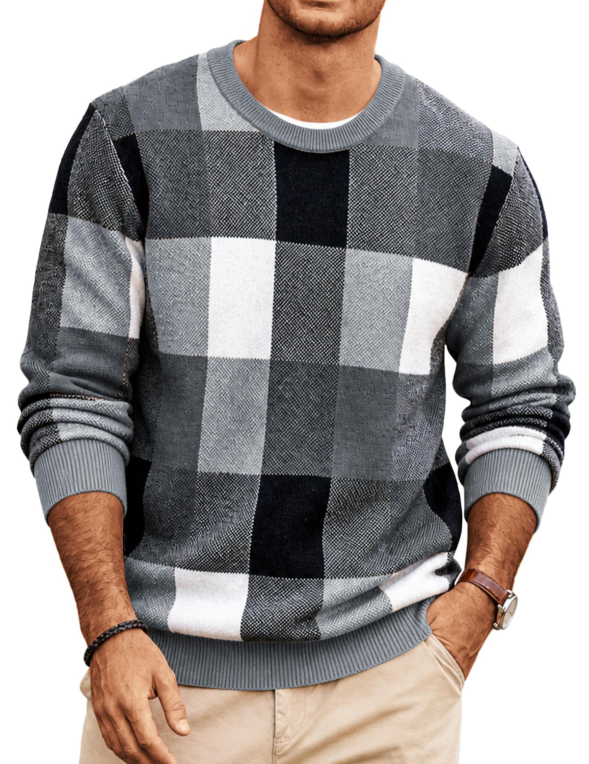 COOFANDY Men's Plaid Crew Neck Sweater Long Sleeve Knit Pullover