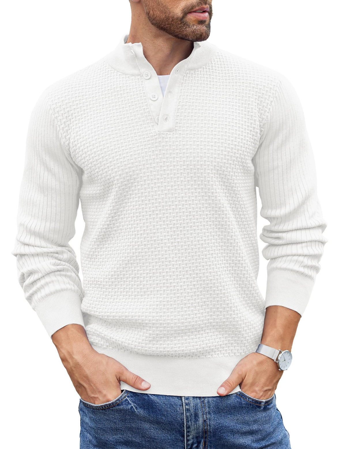 COOFANDY Mens Sweater Long Sleeve Henley Quarter Button Dress Sweaterss