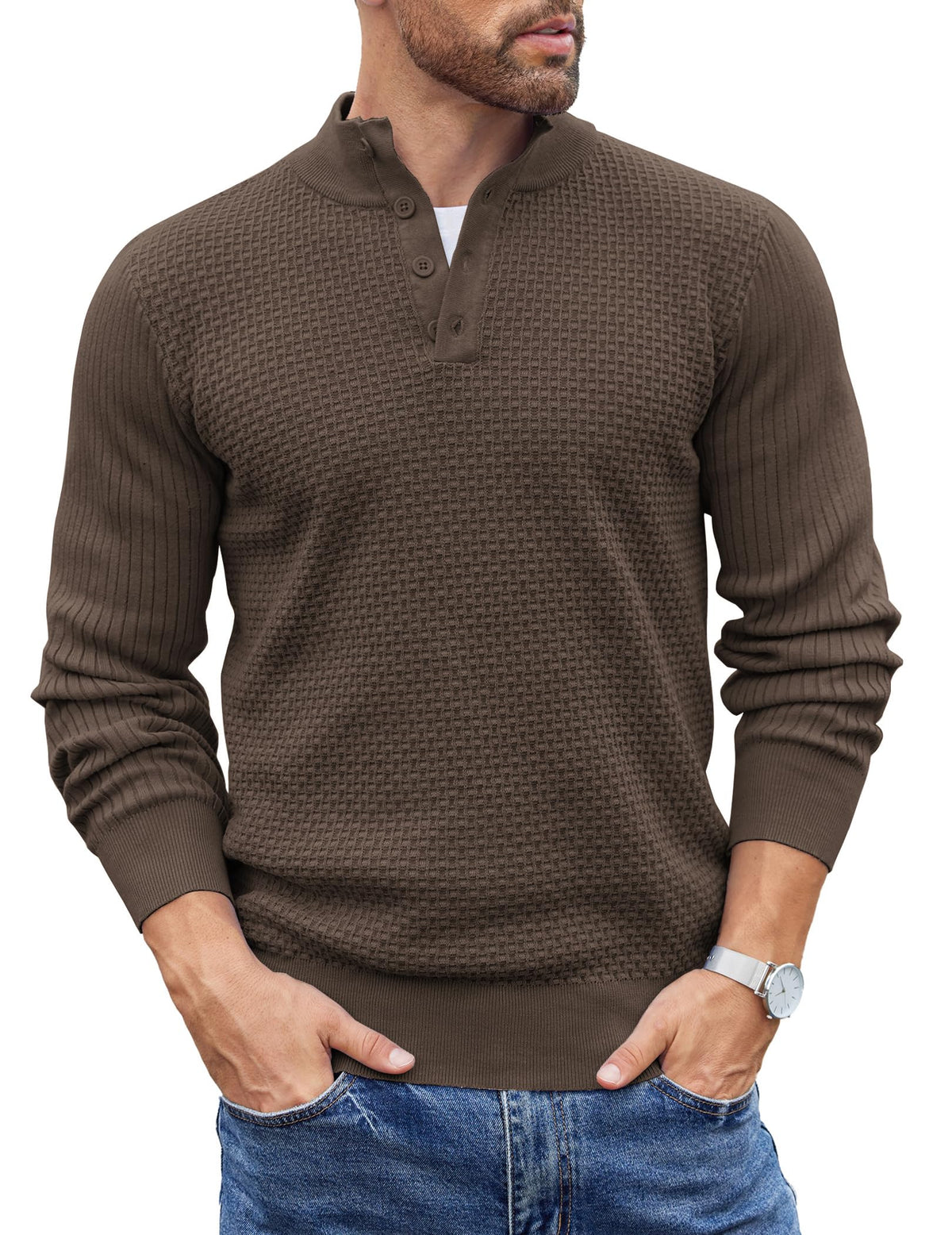 COOFANDY Mens Sweater Long Sleeve Henley Quarter Button Dress Sweaterss