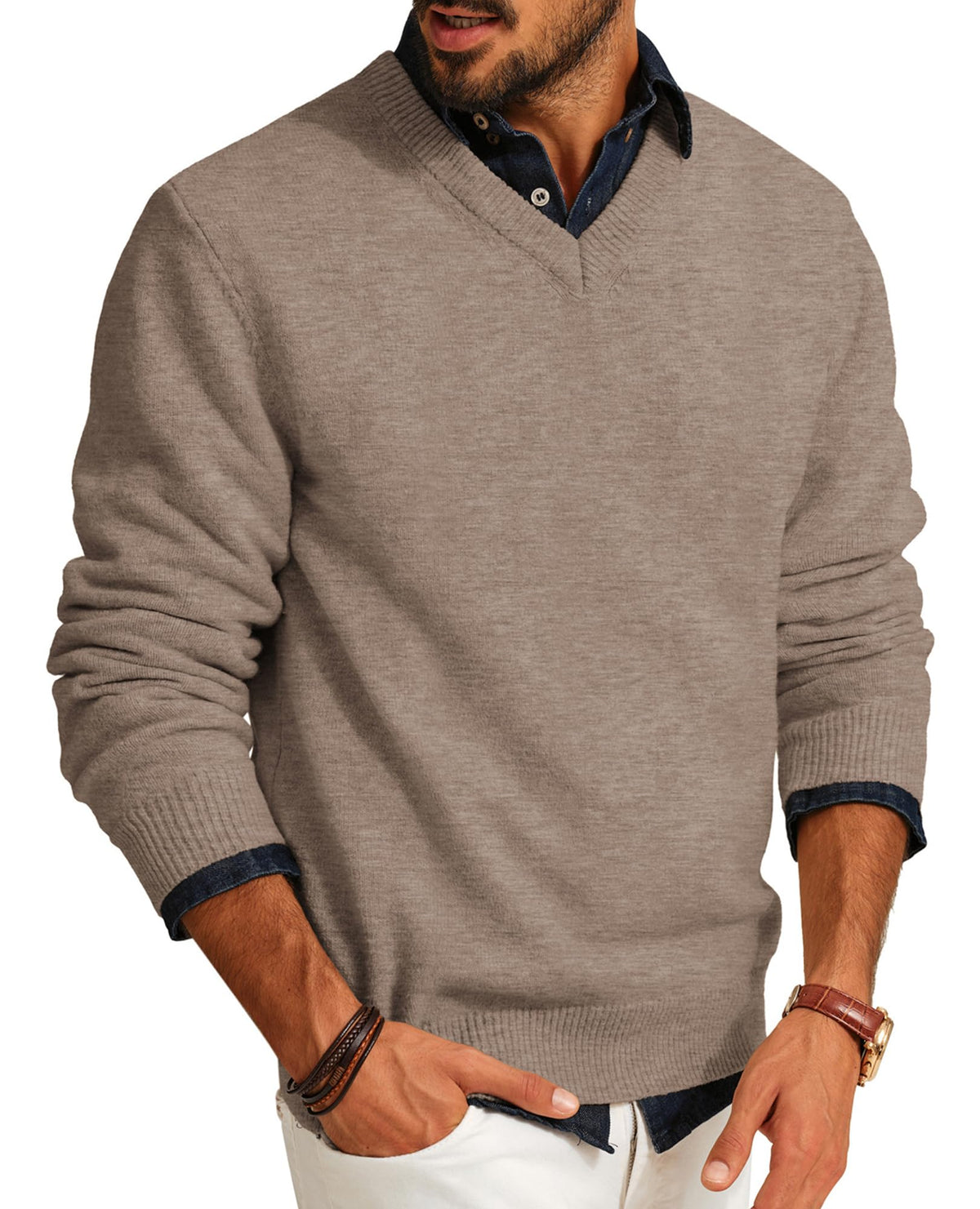 PJ PAUL JONES Mens Wool Blend Sweater V Neck Lightweight Pullover