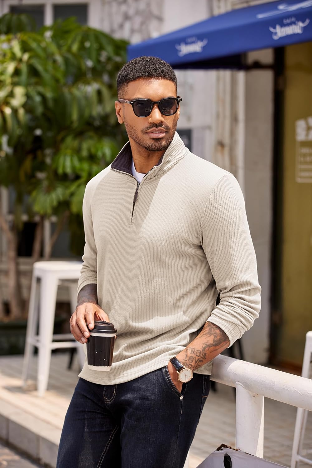 COOFANDY Mens Quarter Zip Pullover Contrast Collar Corduroy Sweatshirt