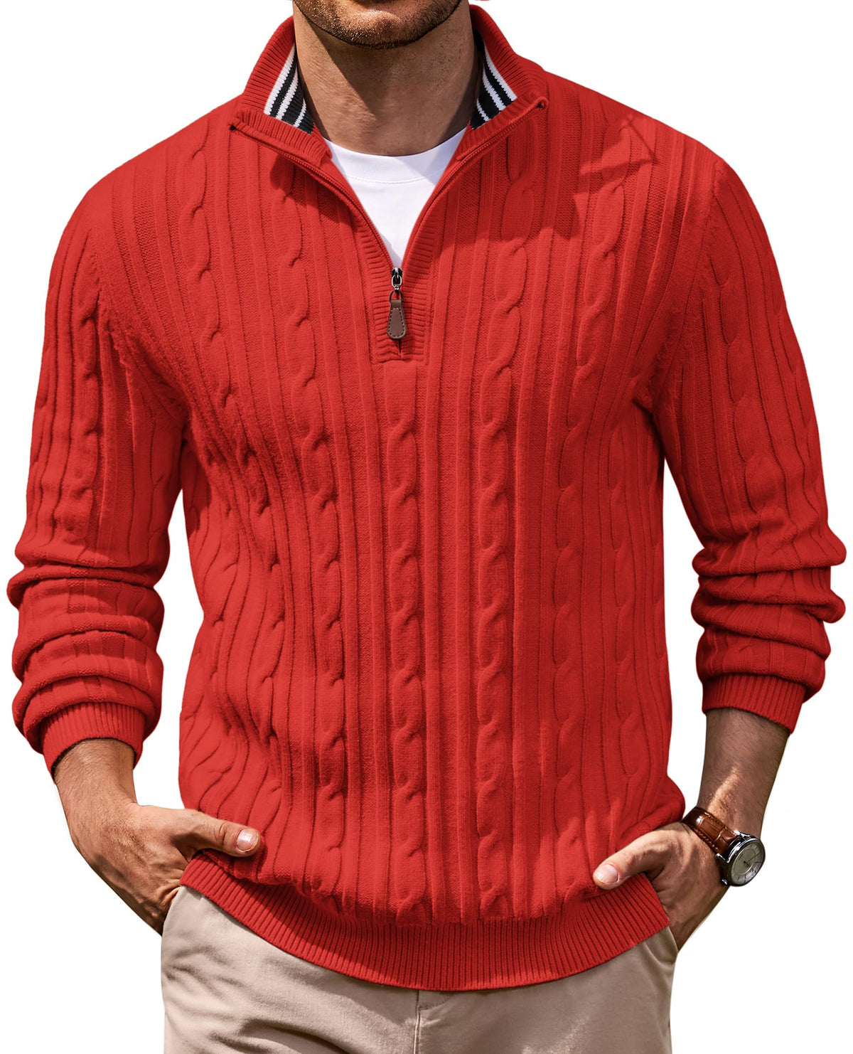 COOFANDY Men's Quarter Zip Pullover Cable Knit Mock Neck Dress Sweater