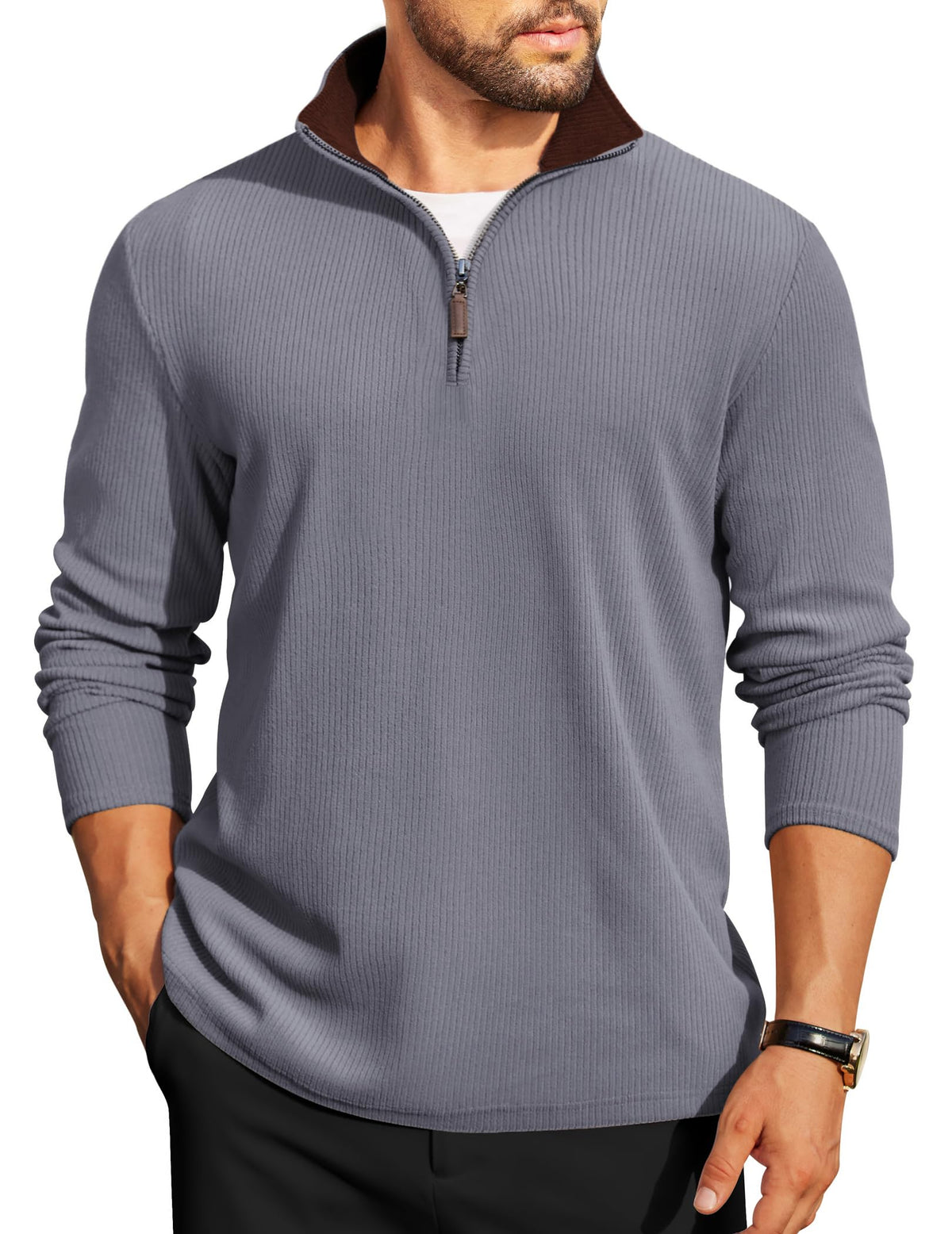 COOFANDY Mens Quarter Zip Pullover Contrast Collar Corduroy Sweatshirt