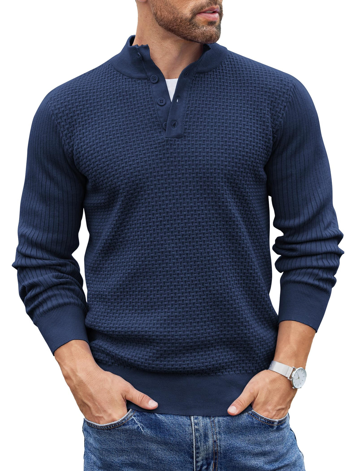 COOFANDY Mens Sweater Long Sleeve Henley Quarter Button Dress Sweaterss