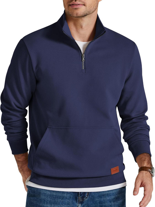 COOFANDY Mens Quarter Zip Pullover Modern Quilted Mock Neck Sweatshirt