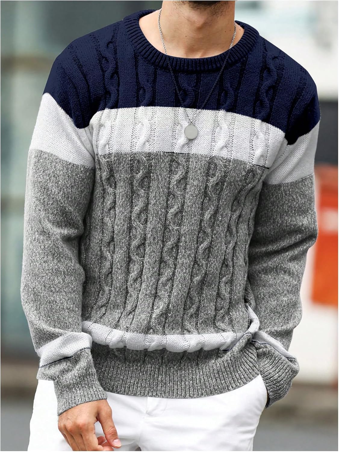BEAUDRM Men's Color Block Sweater Crew Neck Long Sleeve Cable Knit Pullover Tops Casual Knitwear