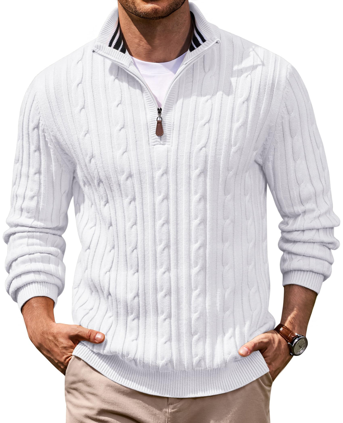 COOFANDY Men's Quarter Zip Pullover Cable Knit Mock Neck Dress Sweater