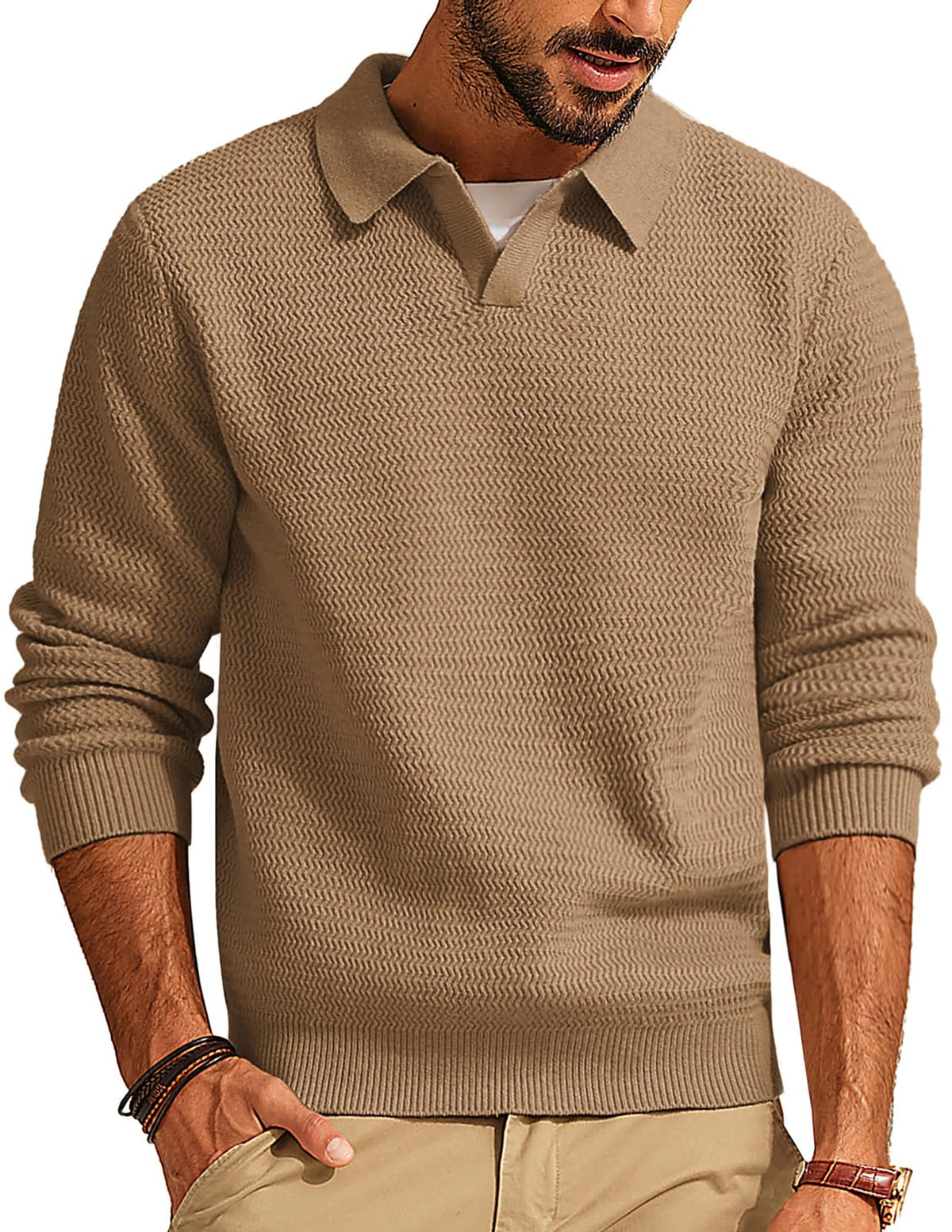 PJ PAUL JONES Mens Polo Collar Casual Textured Knit Pullover Sweater