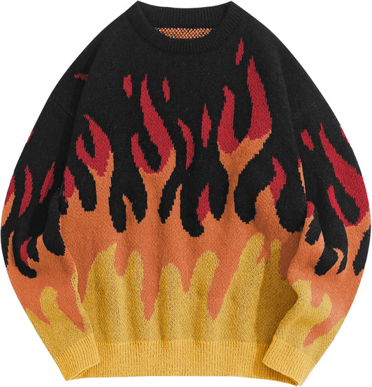 ZAFUL Men's Oversized Sweater Y2K Flame Graphic Knit Pullover Sweaters