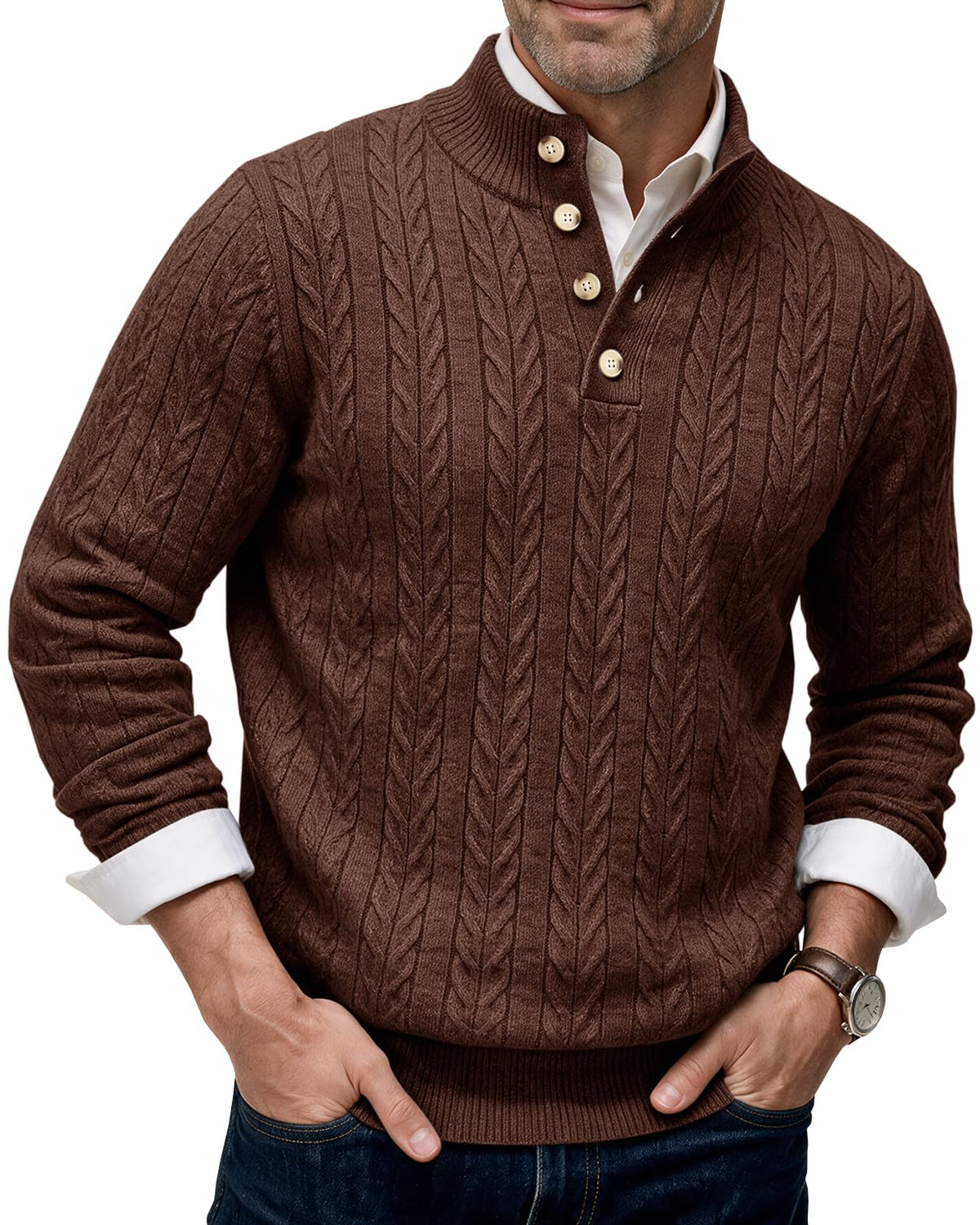 Runcati Mens Cable Knit Pullover Sweater Casual Stand Collar Button Tops
