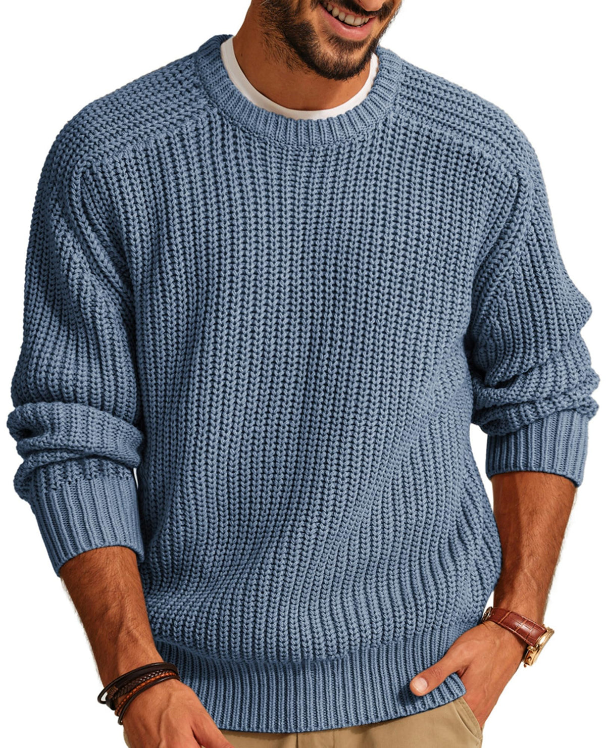 PJ PAUL JONES Men Crew Neck Textured Fisherman Sweater