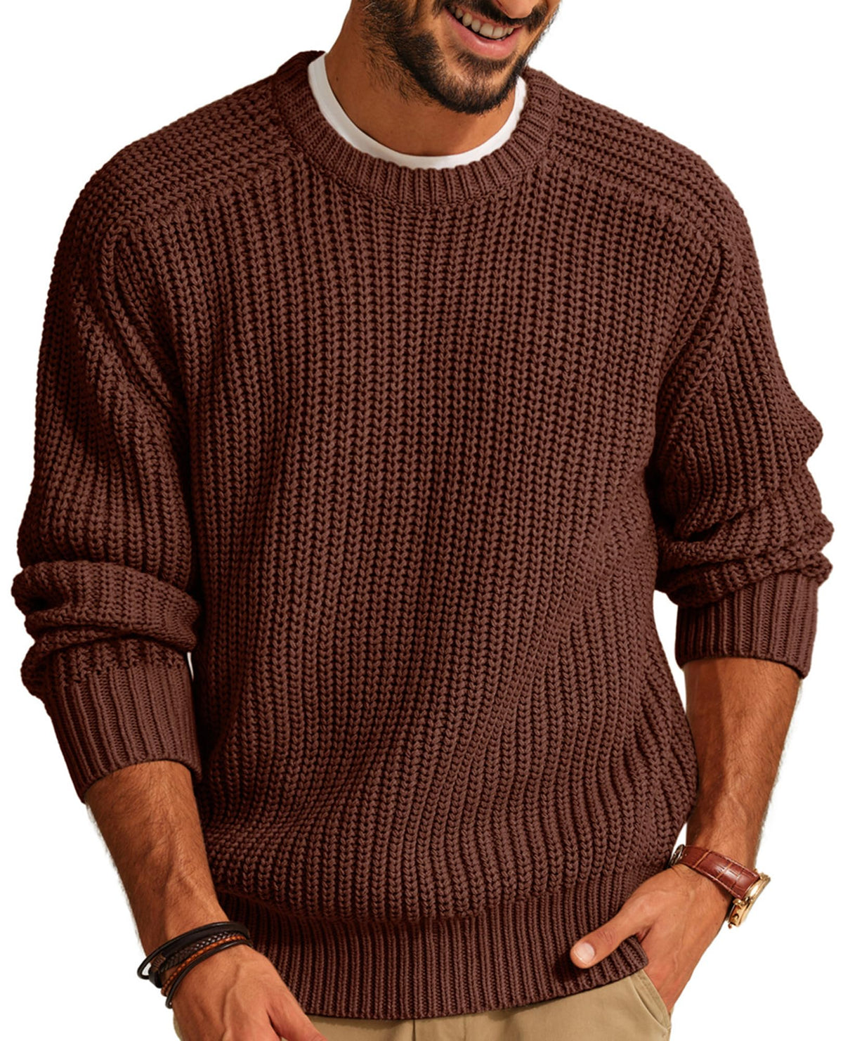 PJ PAUL JONES Men Crew Neck Textured Fisherman Sweater