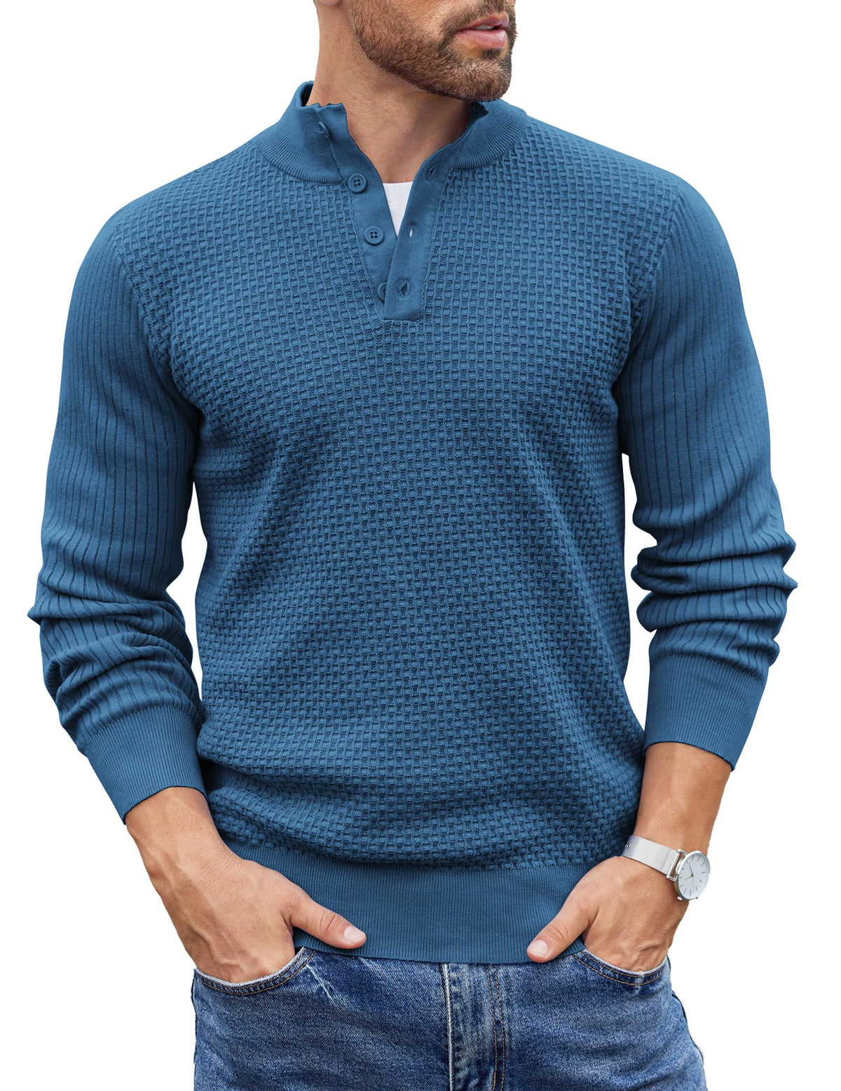 COOFANDY Mens Sweater Long Sleeve Henley Quarter Button Dress Sweaterss