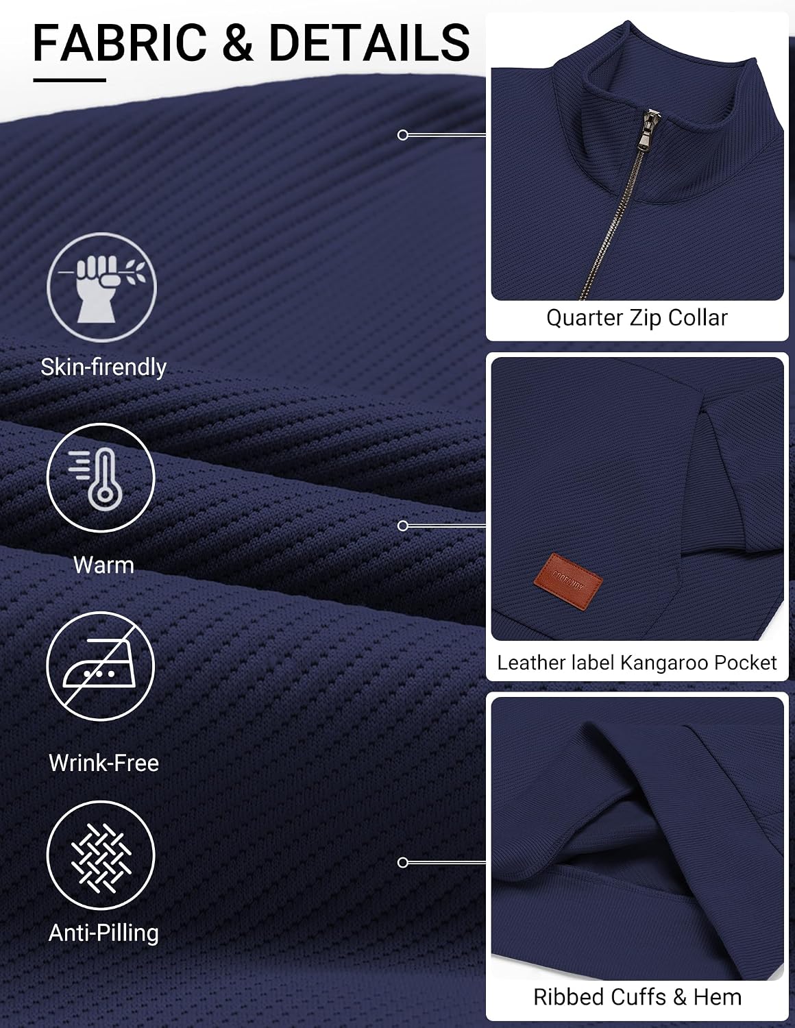 COOFANDY Mens Quarter Zip Pullover Modern Quilted Mock Neck Sweatshirt