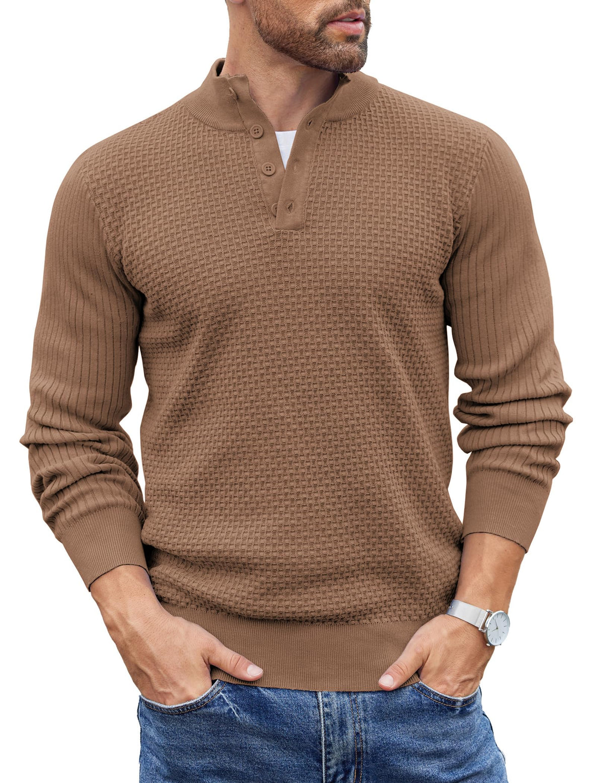 COOFANDY Mens Sweater Long Sleeve Henley Quarter Button Dress Sweaterss