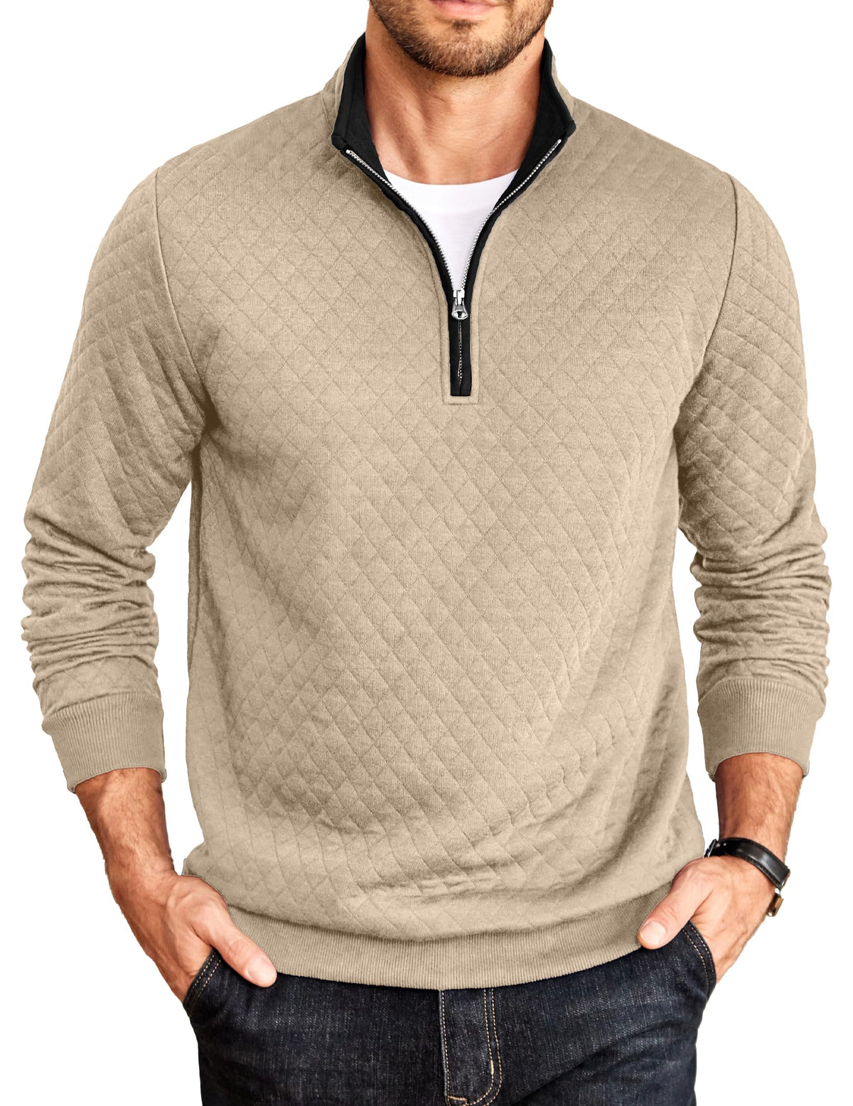 COOFANDY Mens Quarter Zip Pullover Casual Mock Neck Quilted Sweatshirt 2026