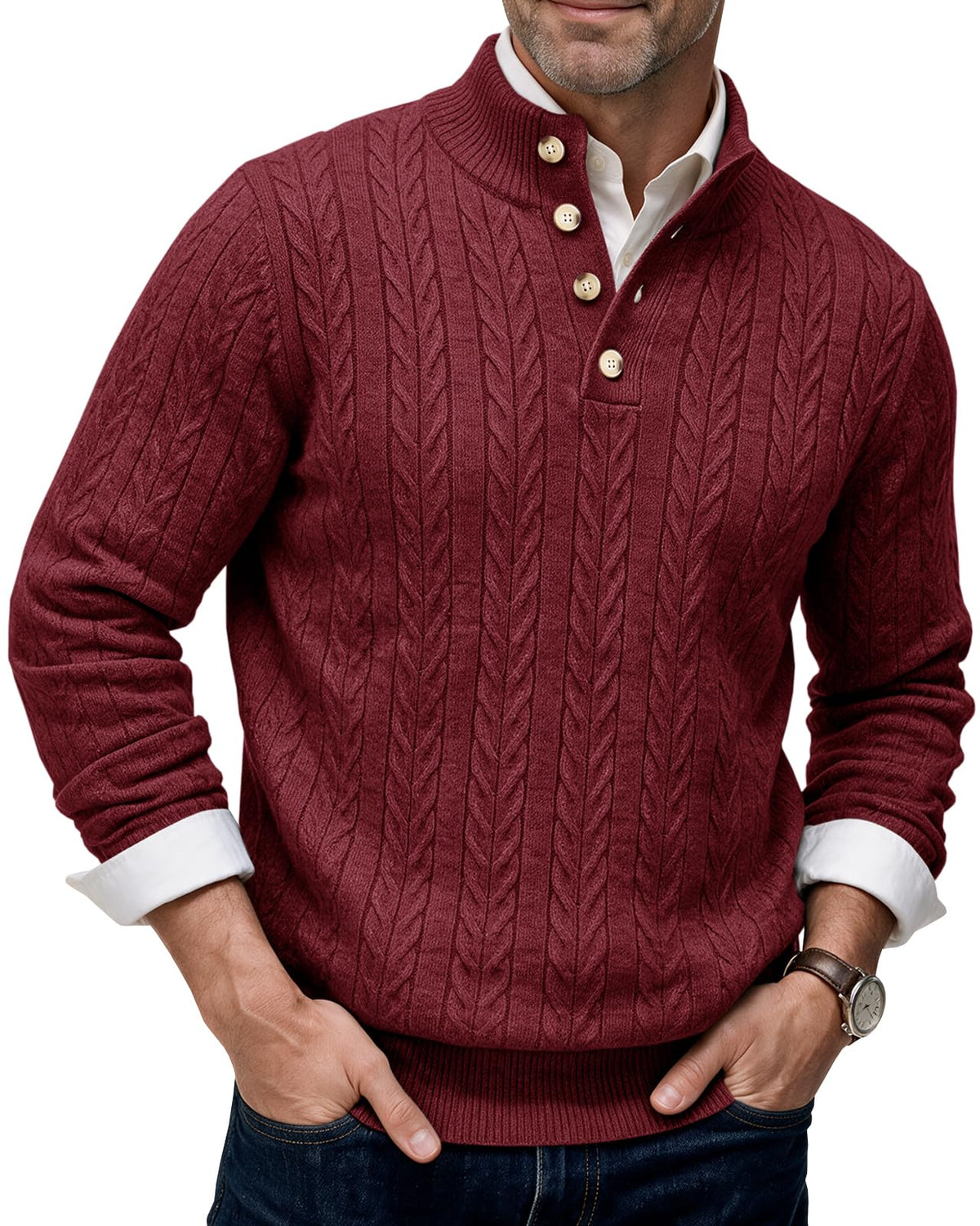 Runcati Mens Cable Knit Pullover Sweater Casual Stand Collar Button Tops