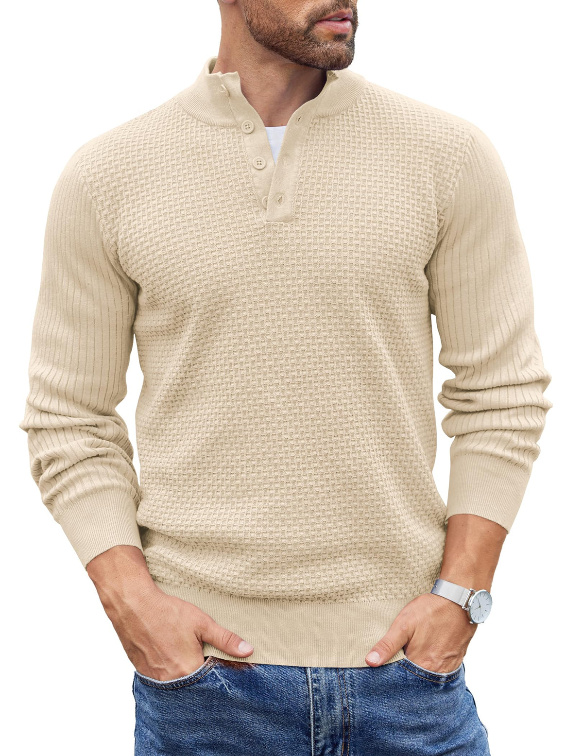 COOFANDY Mens Sweater Long Sleeve Henley Quarter Button Dress Sweaterss