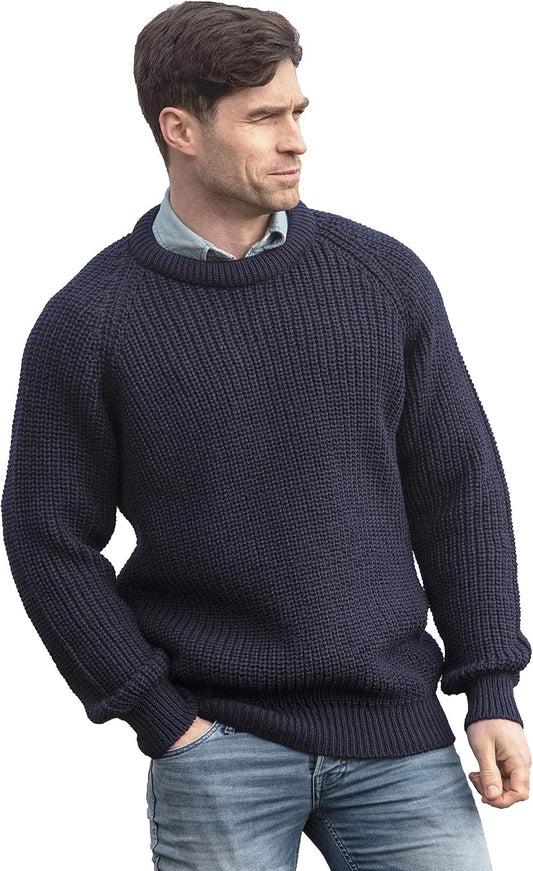 Aran Crafts Irish Men's Fisherman Rib Stitch Wool Sweater (C761)