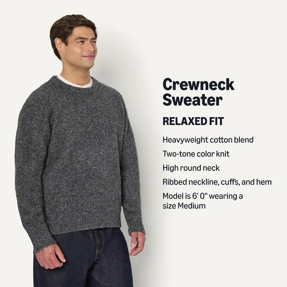 Amazon Essentials Men's Relaxed-Fit Faux Mohair Crewneck Pullover Sweater, Ribbed, Wool Blend, Heavyweight