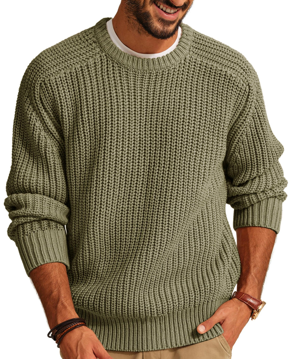 PJ PAUL JONES Men Crew Neck Textured Fisherman Sweater