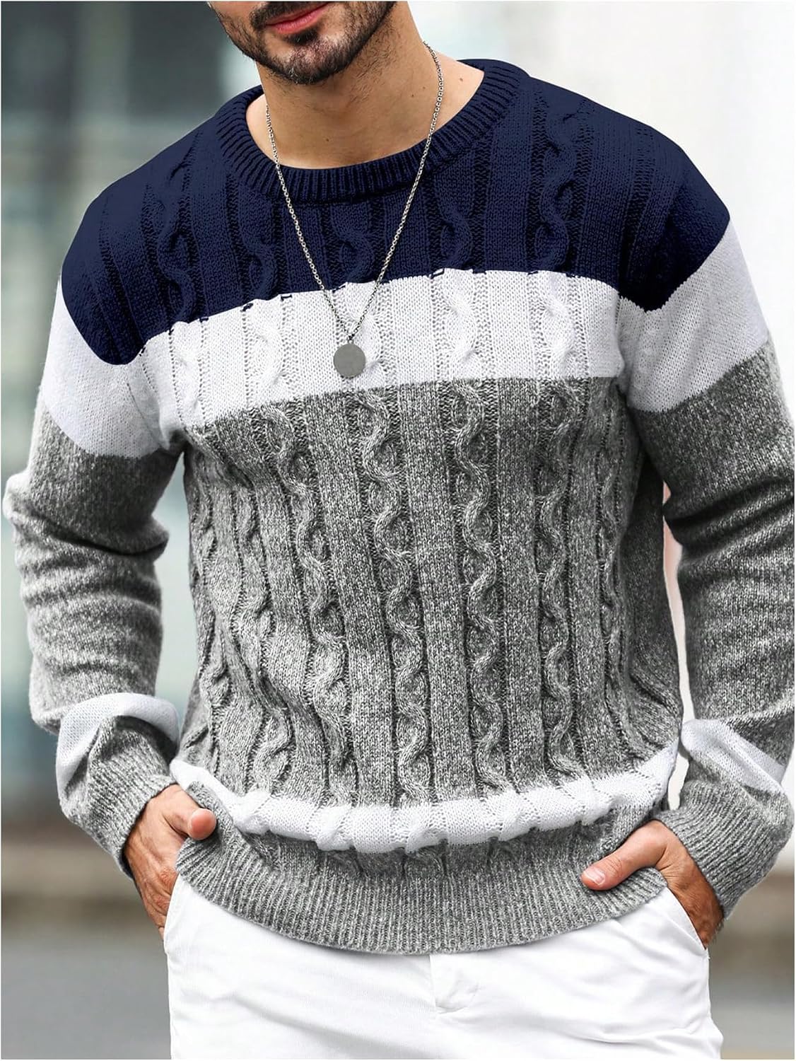 BEAUDRM Men's Color Block Sweater Crew Neck Long Sleeve Cable Knit Pullover Tops Casual Knitwear