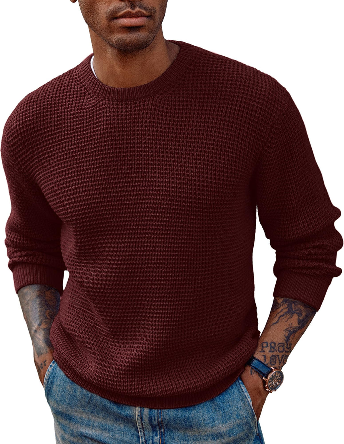 PJ PAUL JONES Mens Waffle Knit Sweaters Casual Crewneck Pullover Sweaters