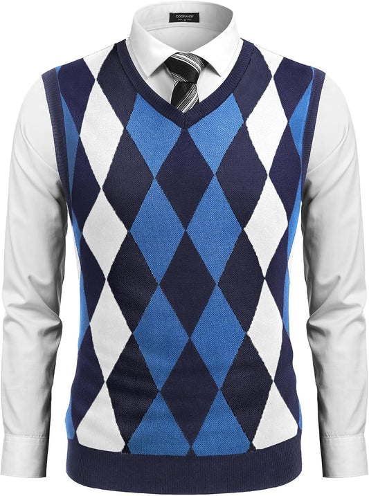 COOFANDY Men's Sleeveless V Neck Pullover Sweater Argyle Knit Vest Sweaters