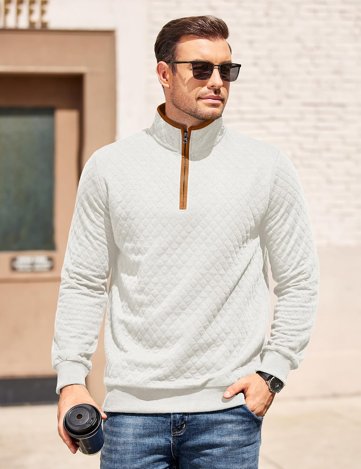 COOFANDY Mens Quarter Zip Pullover Casual Mock Neck Quilted Sweatshirt 2026