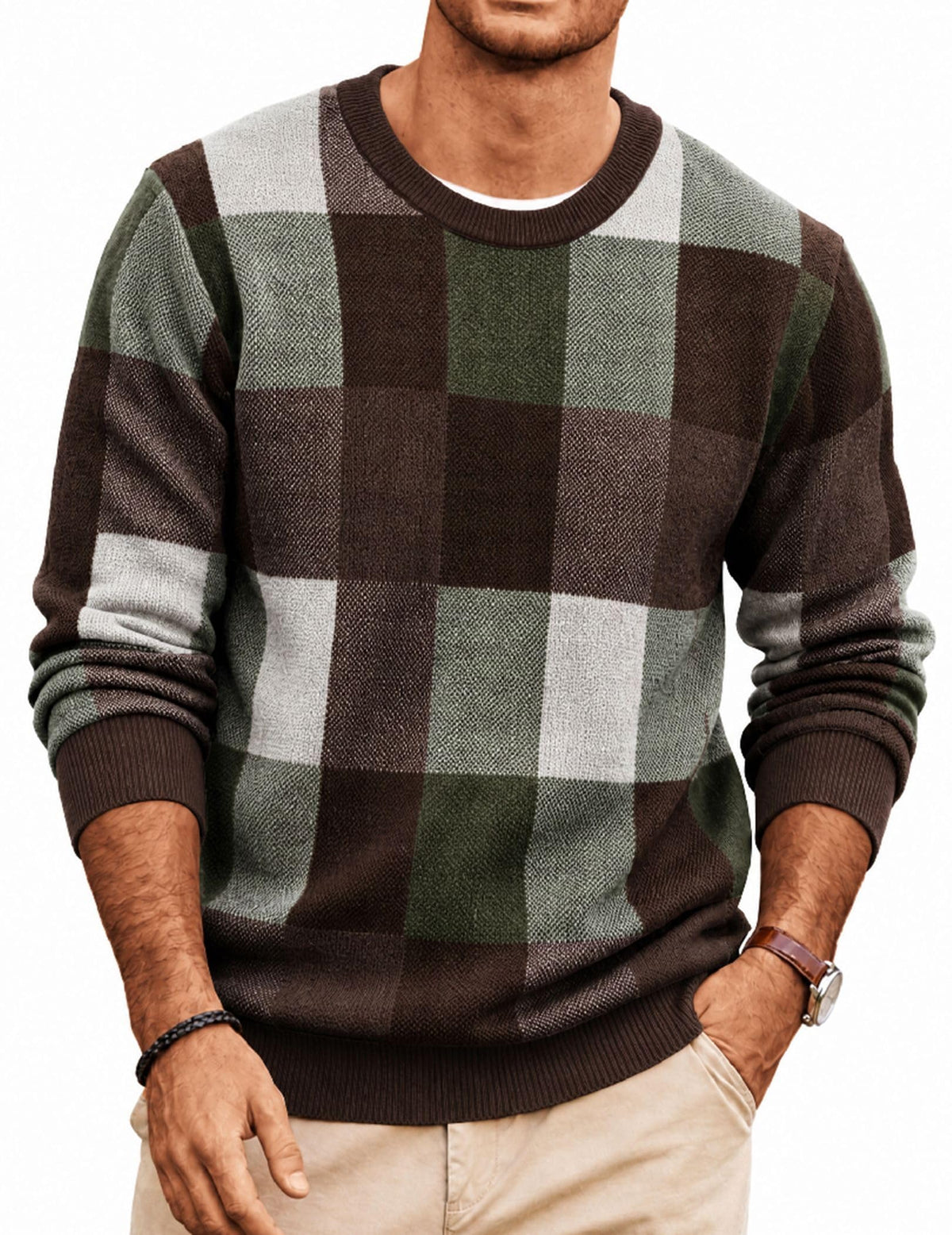 COOFANDY Men's Plaid Crew Neck Sweater Long Sleeve Knit Pullover