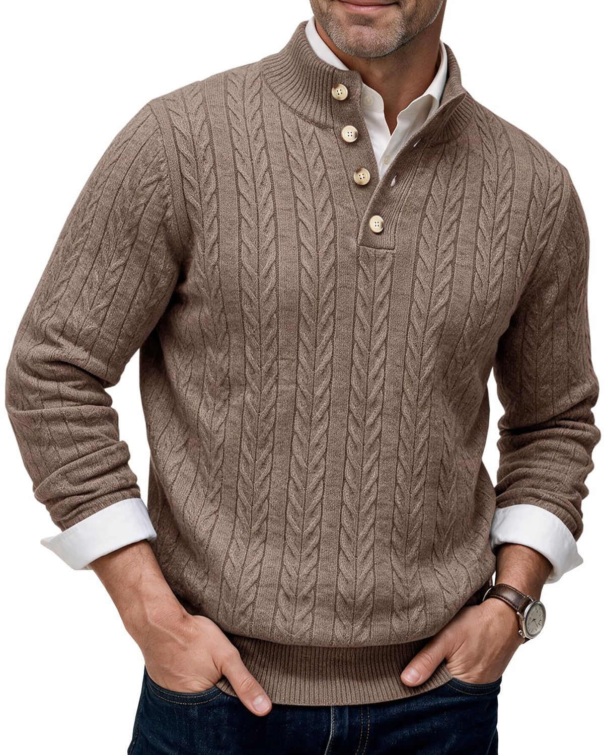 Runcati Mens Cable Knit Pullover Sweater Casual Stand Collar Button Tops