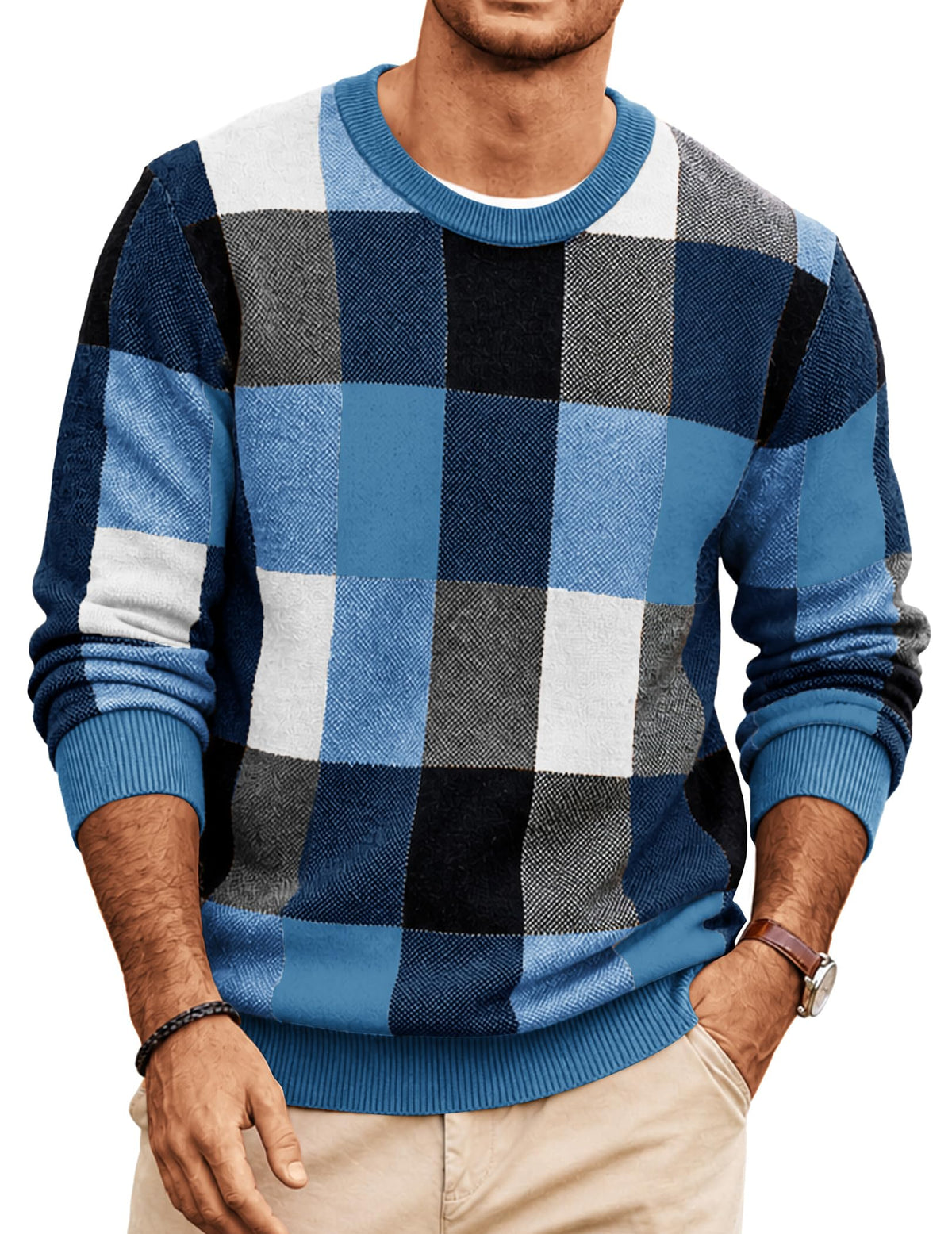 COOFANDY Men's Plaid Crew Neck Sweater Long Sleeve Knit Pullover