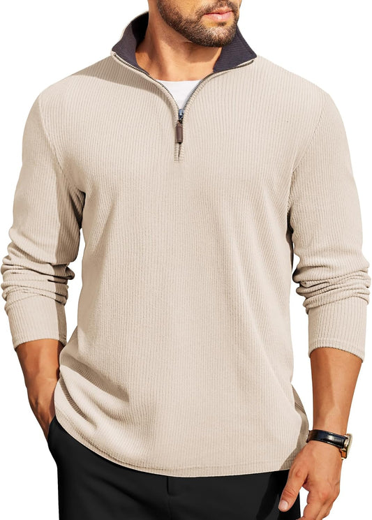 COOFANDY Mens Quarter Zip Pullover Contrast Collar Corduroy Sweatshirt