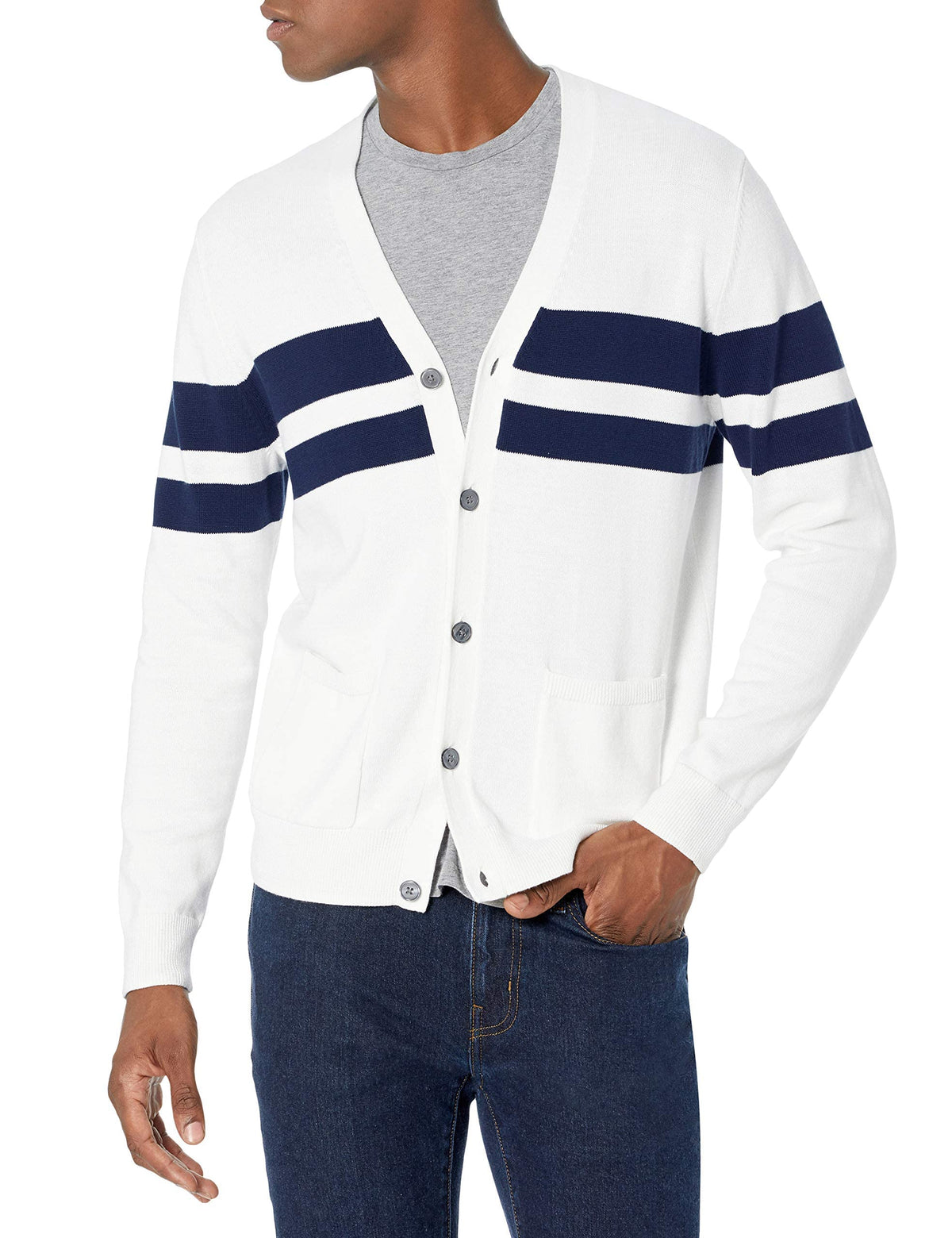 Amazon Essentials Men's V-Neck Cotton Knitted Cardigan Sweater, Ribbed