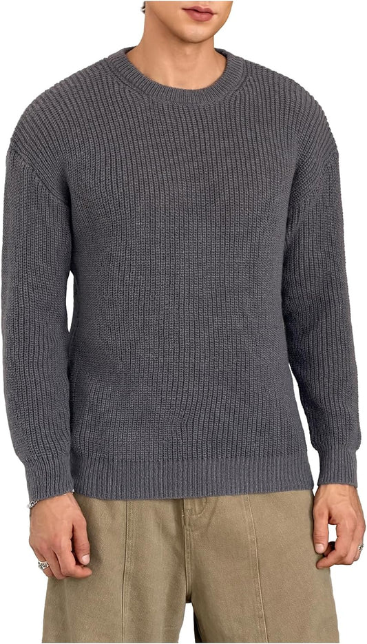 OYOANGLE Men's Crewneck Sweater Long Sleeve Drop Shoulder Loose Pullover Sweaters
