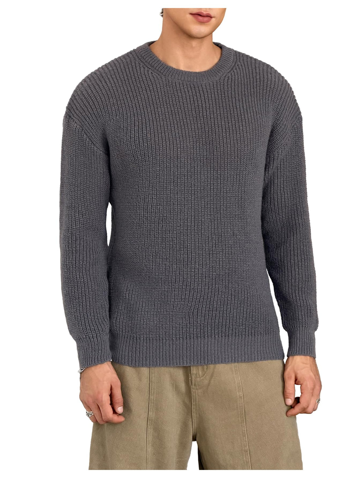 OYOANGLE Men's Crewneck Sweater Long Sleeve Drop Shoulder Loose Pullover Sweaters
