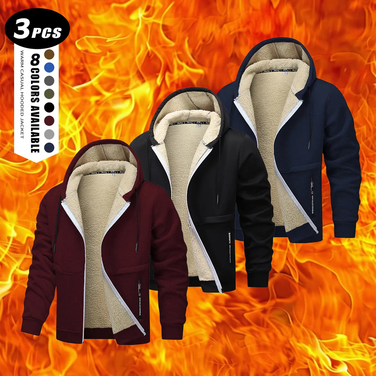 Men's Plain Zip-Up Hoodie - Thick Sherpa Fleece Lined Winter Fleece Jacket with Zippered Pockets for Casual Outdoor Work Use