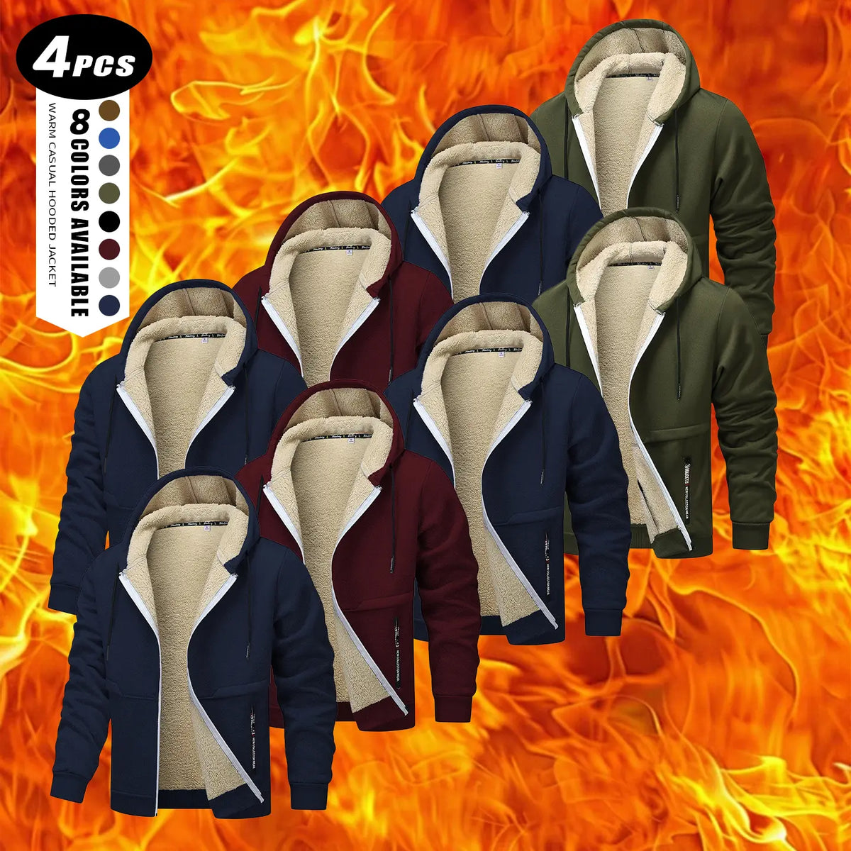 Men's Plain Zip-Up Hoodie - Thick Sherpa Fleece Lined Winter Fleece Jacket with Zippered Pockets for Casual Outdoor Work Use