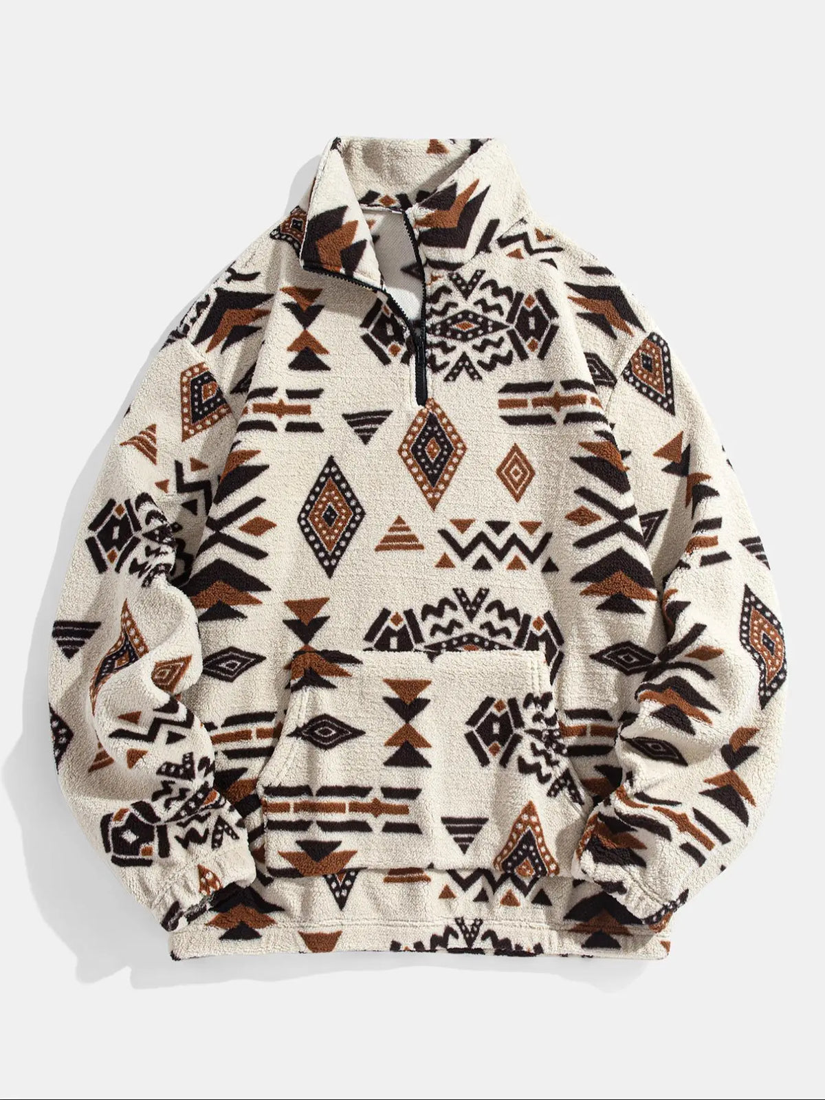 Men's Ethnic Pattern Zip Up Plush Loose Sweatshirt, Casual Long Sleeve Pocket Collared Pullover for Winter, Fashion Men's Clothes for Daily Wear